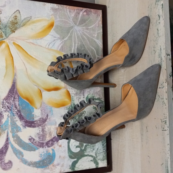Charlotte Russe Gray, Pointed Toe, Ruffle Strap, Zip Back Heels - Picture 2 of 15